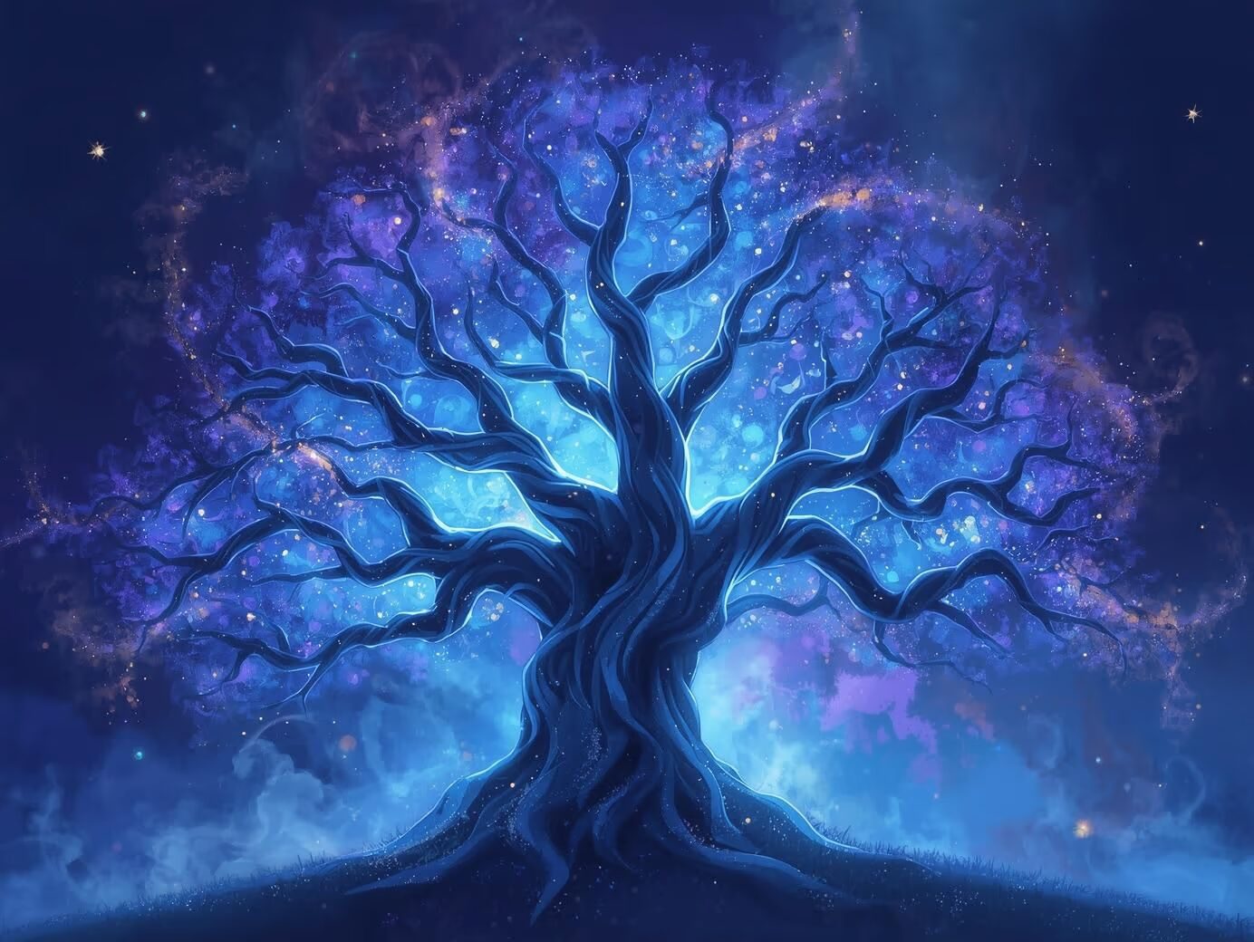 árvore azul e toques azuis claros e escuros representando a constelação familiar